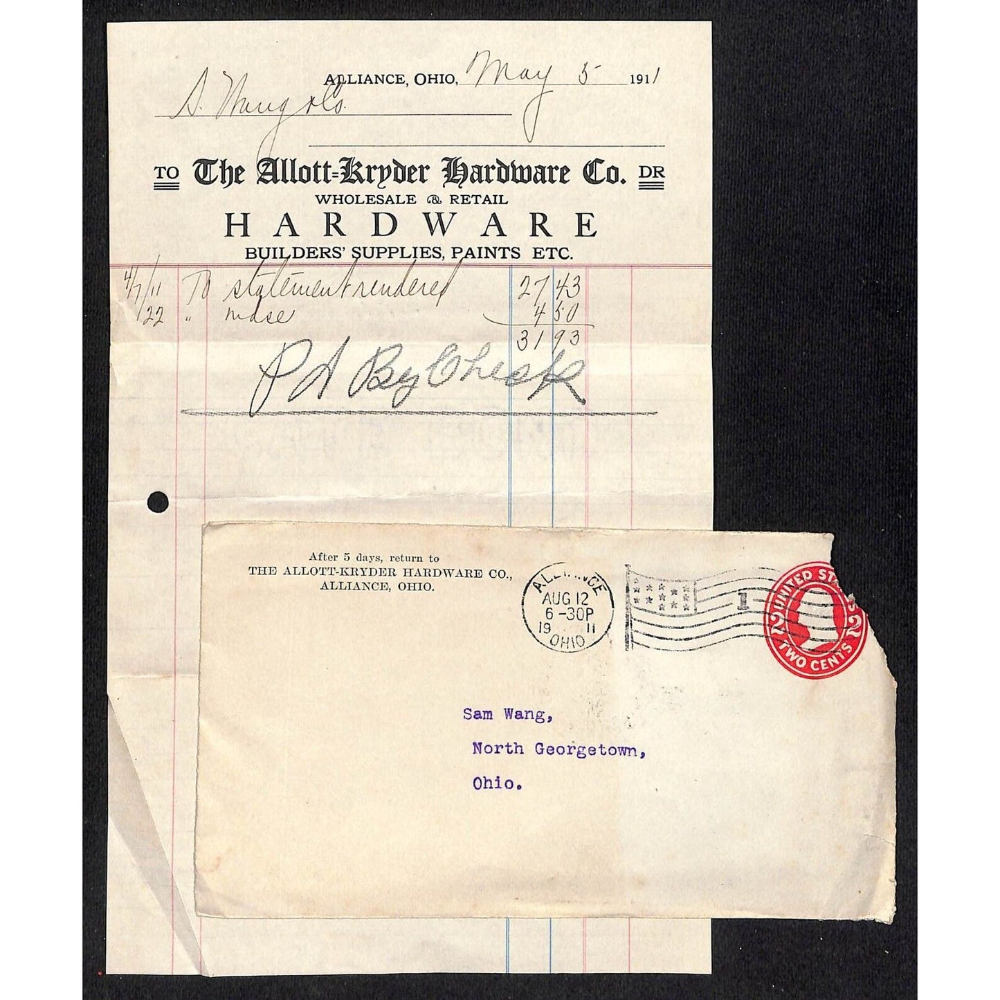 Allott- Kryder Hardware Samuel Wang Co* North Georgetown 1911 Billhead & Cover