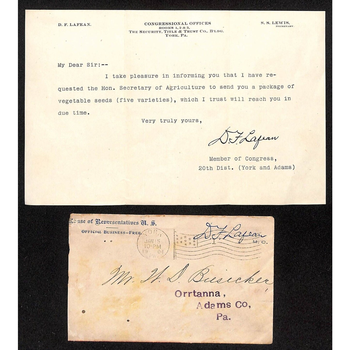 1904 York, PA Congressional Offices / U.S. House of Representatives Cover & TLS