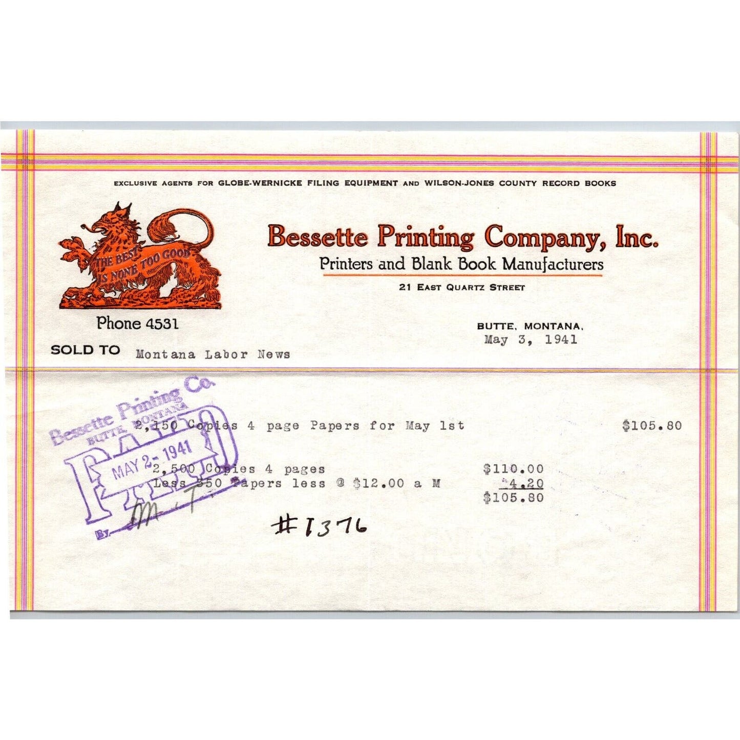 Butte, MT Bessette Printing Company 1941 Billhead Scarce