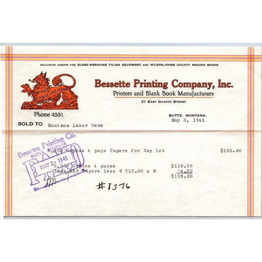 Butte, MT Bessette Printing Company 1941 Billhead Scarce