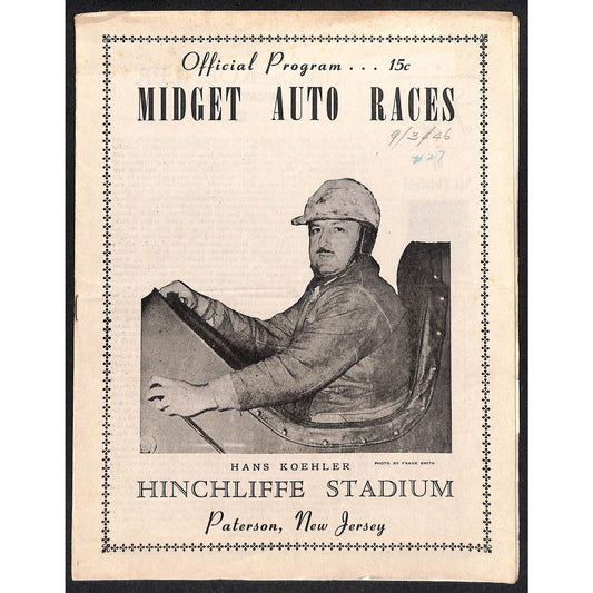 Hinchliffe Stadium Midget Auto Races 9/3/1946 Program Hans Koehler 4pp Scarce