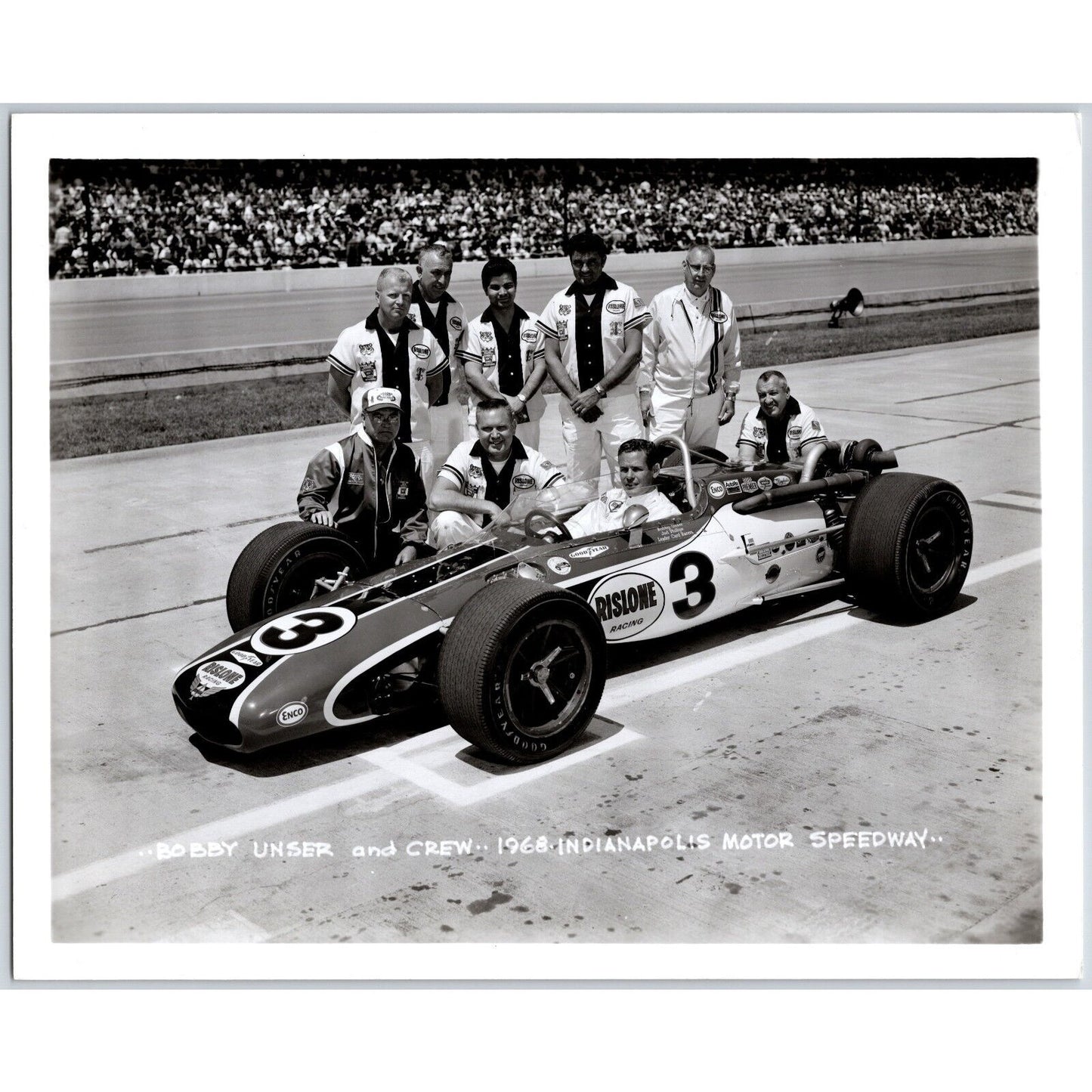 Bobby Unser & Crew 1968 Indianapolis Motor Speedway 8" x 10" Photo IMS Stamp VGC