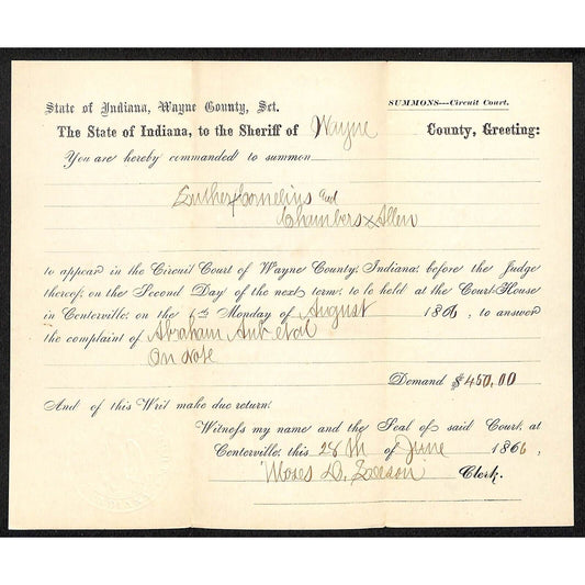 1866 Indiana State Circuit Court Summons Legal Document VGC w/ Rev Stamp