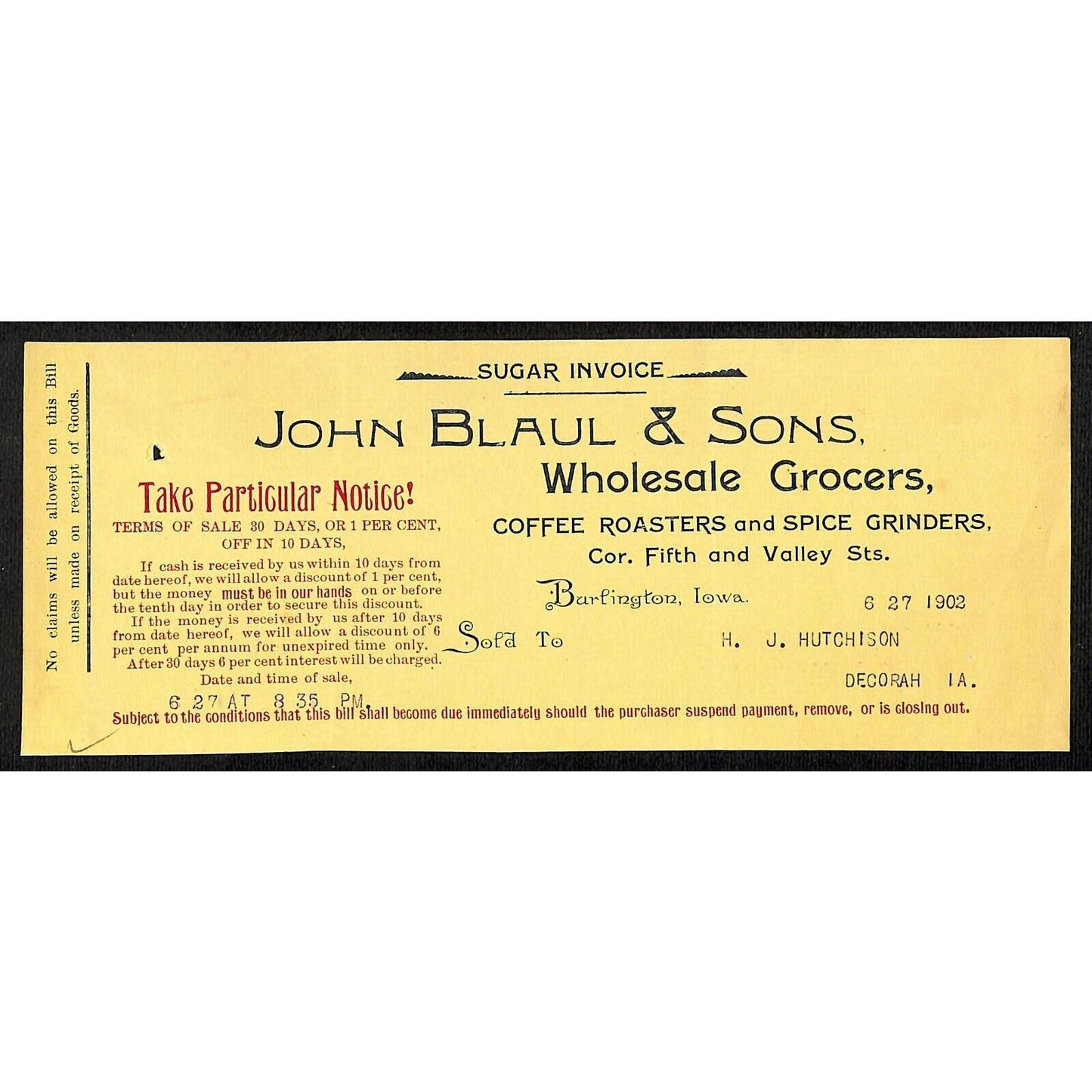 John Blaul's Sons Coffee Burlington IA Hutchinson* 6/27 1902 Cut "Sugar Invoice"