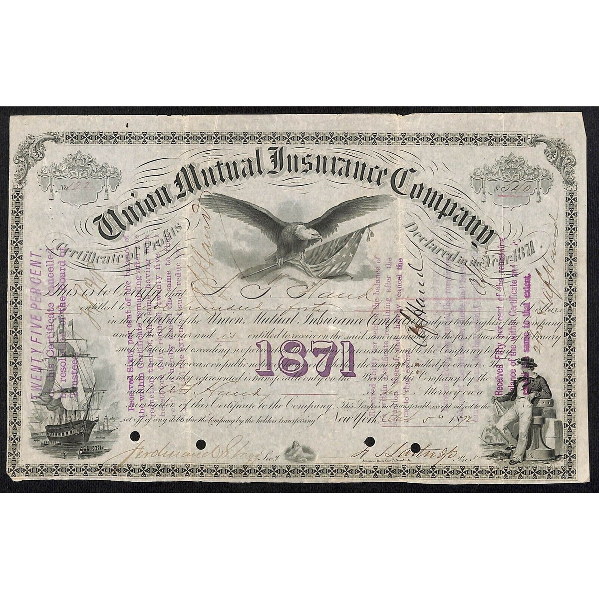 Union Mutual Insurance NY 1871 "Certificate of Profits" to A. T. Hurd ?