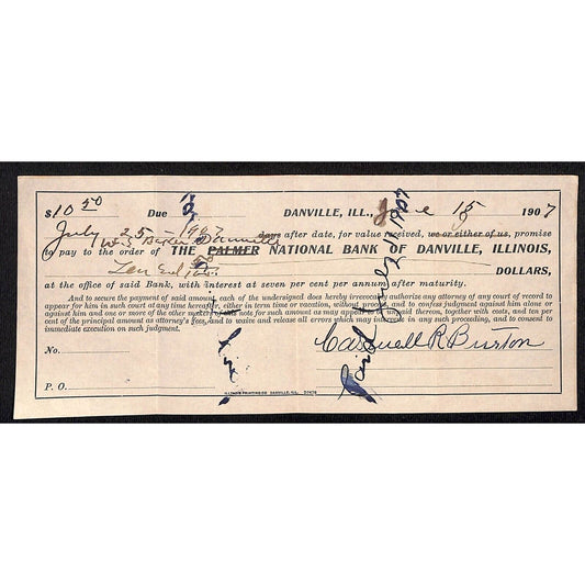 Danville, IL Palmer National Bank 1907 Promissory Note - Scarce