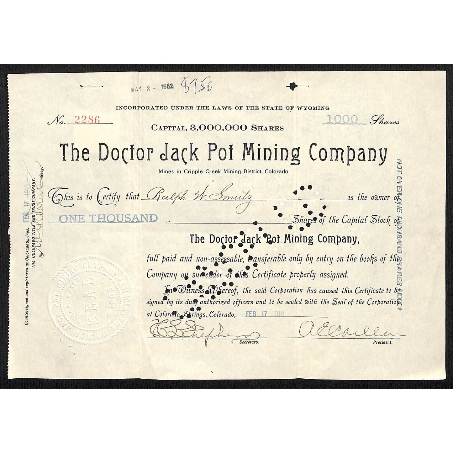 Doctor Jack Pot Mining 1910 Cripple Stock Certificate w/ A.E. Carlton Sig. #2286