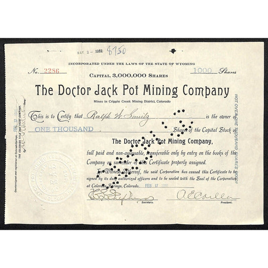 Doctor Jack Pot Mining 1910 Cripple Stock Certificate w/ A.E. Carlton Sig. #2286