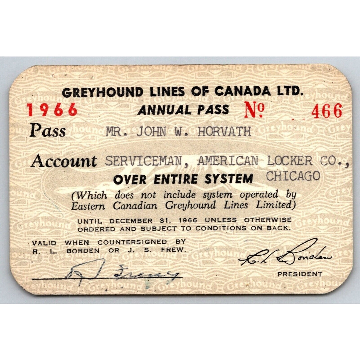 Greyhound Lines of Canada 1966 Annual / Yearly Bus Pass #466