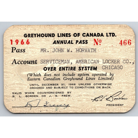 Greyhound Lines of Canada 1966 Annual / Yearly Bus Pass #466