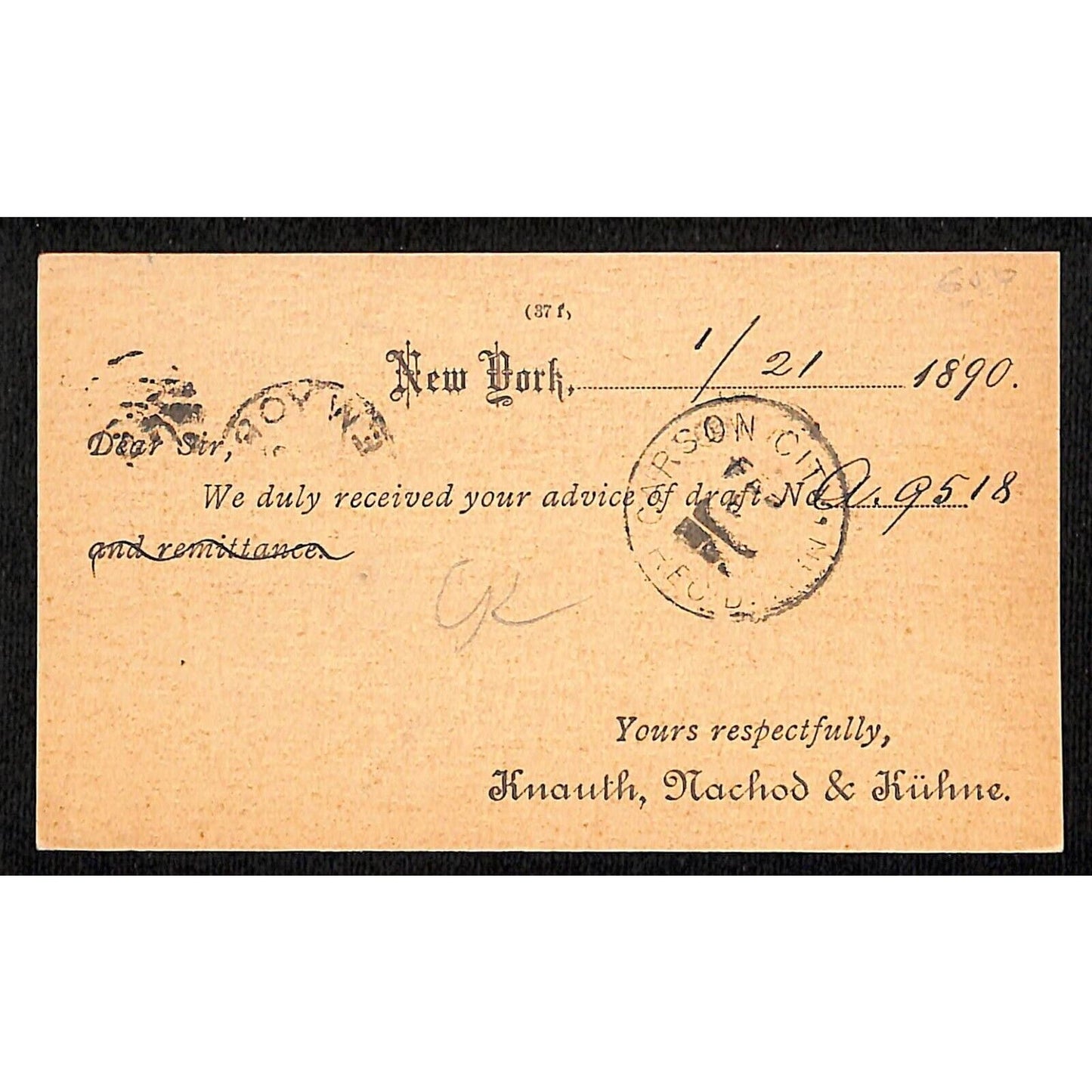 Bullion and Exchange Bank Carson City 1890 Knauth, Hachod & Kühne Postal Card