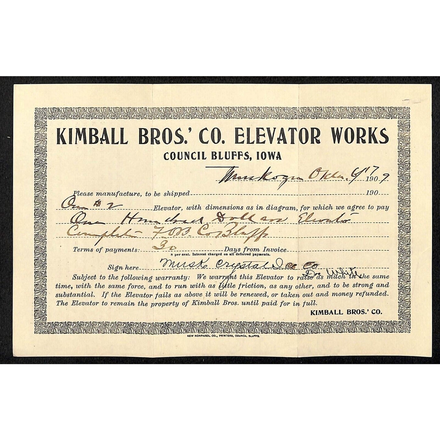 1909 Kimball Bros. Elevator Works Council Bluffs, IA Warranty Certificate Scarce