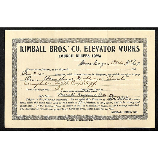 1909 Kimball Bros. Elevator Works Council Bluffs, IA Warranty Certificate Scarce
