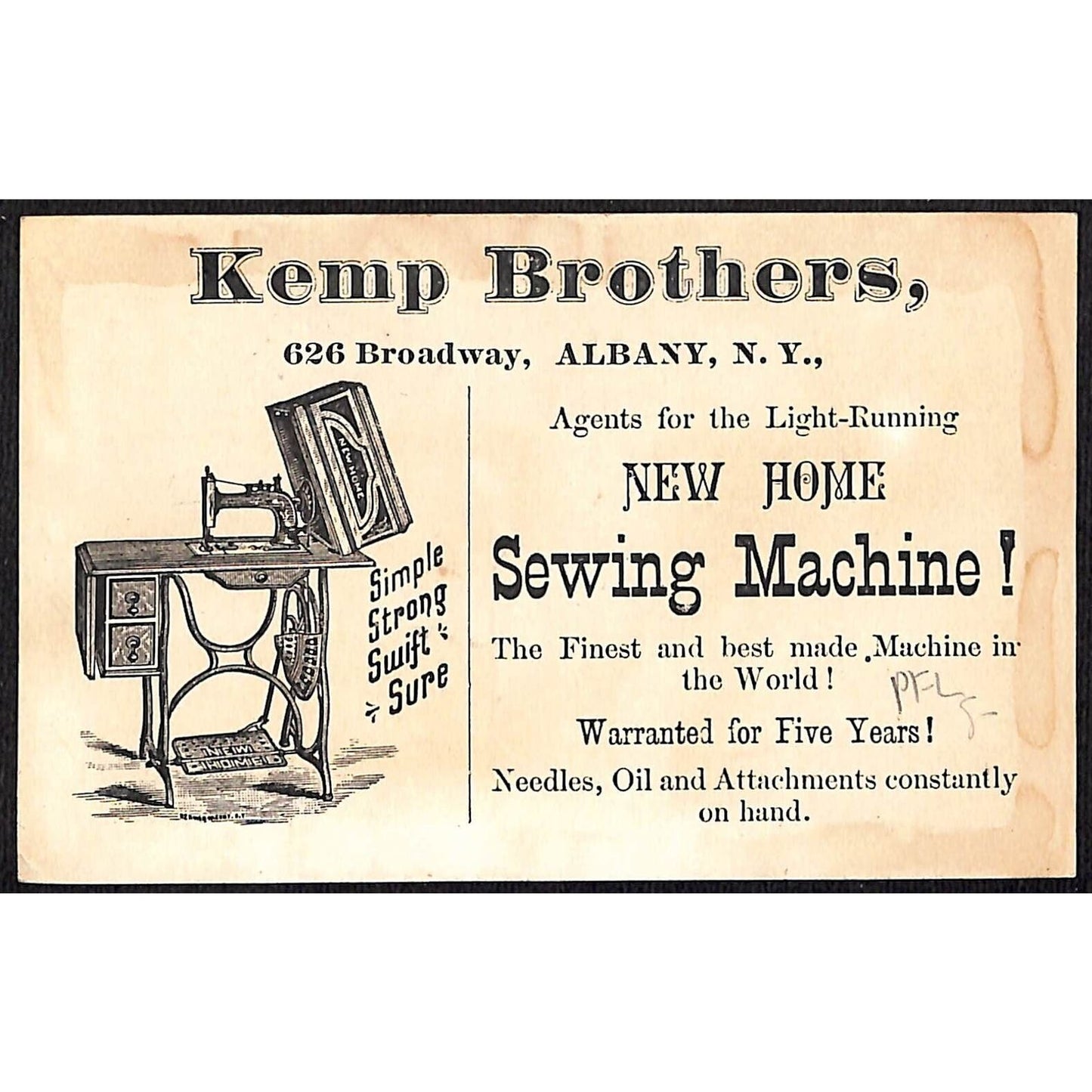 Johnson, Clark & Co. New Home Sewing Kemp Bros. Victorian Trade Card Fox Sewing