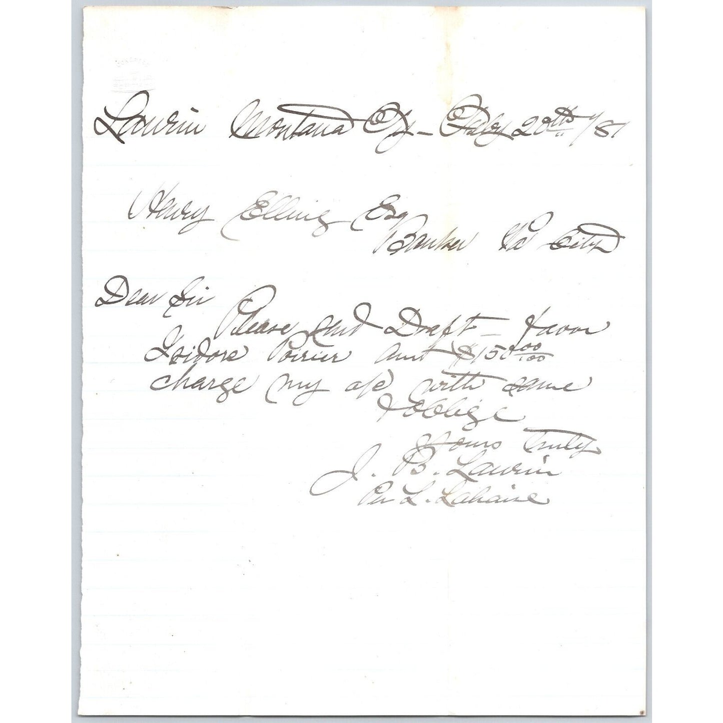 Feb 20 1881 ALS J.B. Laurin** Laurin, MT to Henry Elling* Virginia City, MT