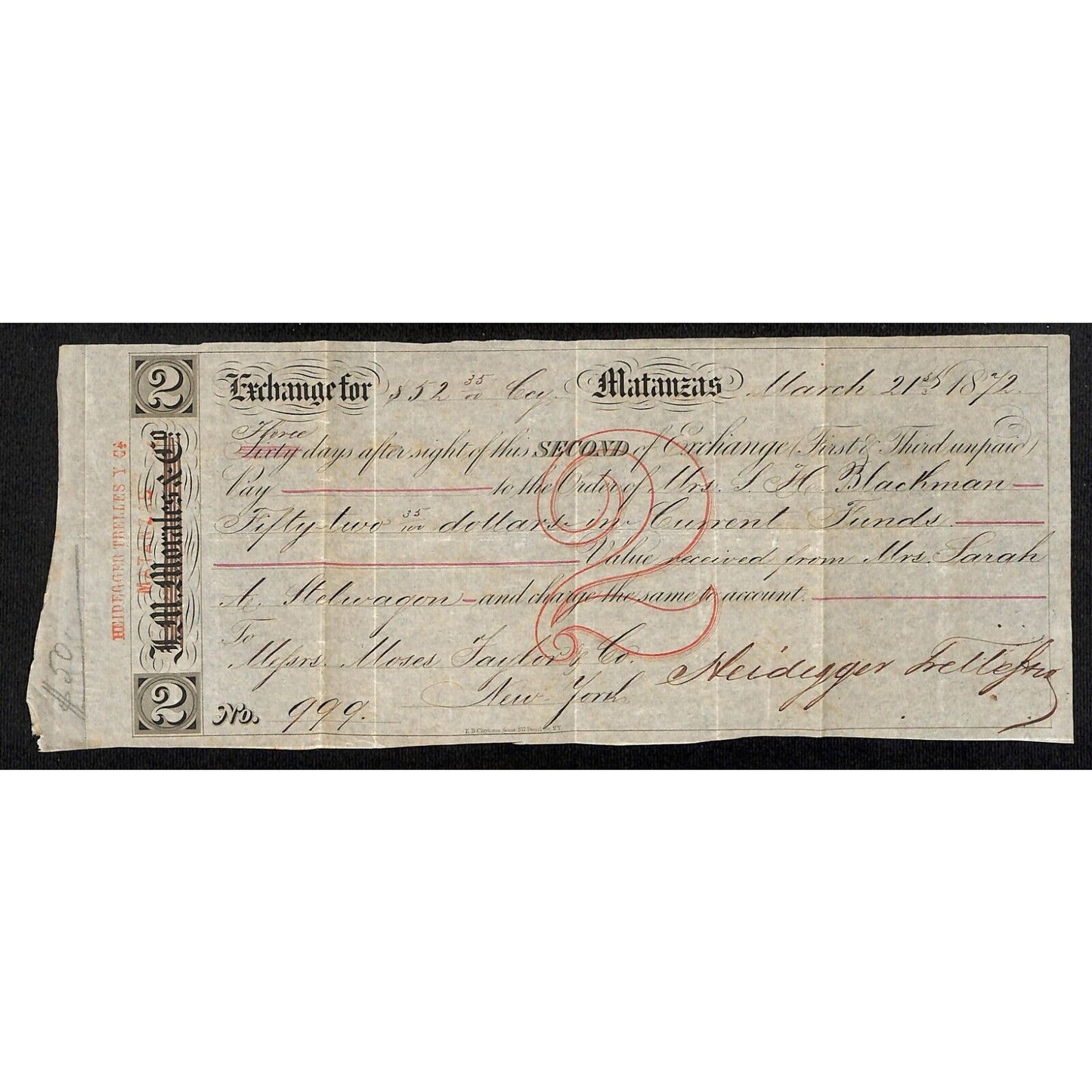 1872 "Second of Exchange" Certifictae Heidegger Trelles & Co. Matanzas