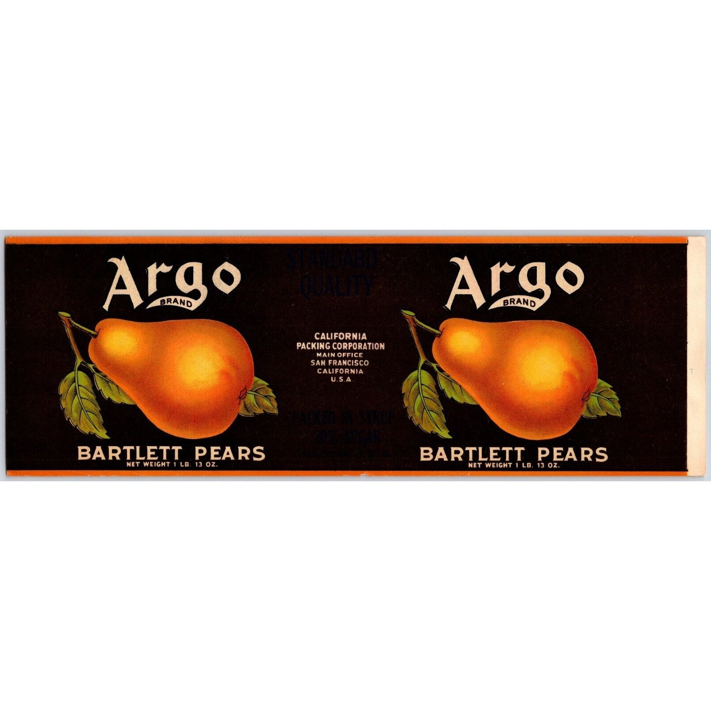 Argo Brand Bartlett Pears California Packing Corp Paper Can Label c1925-35 VGC