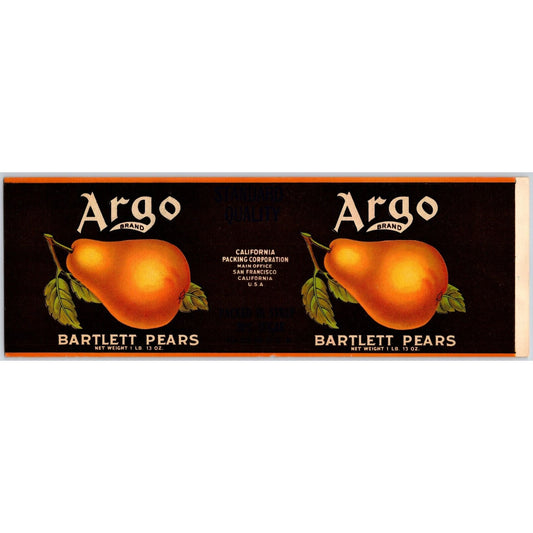 Argo Brand Bartlett Pears California Packing Corp Paper Can Label c1925-35 VGC