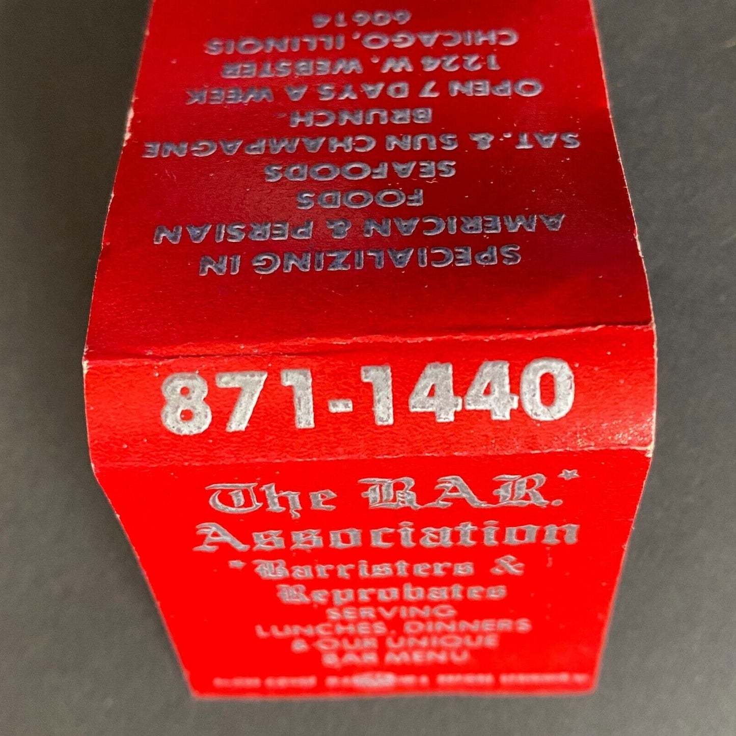 "The Bar Association" Restaurant Chicago Full Matchbook c1965-74 VGC