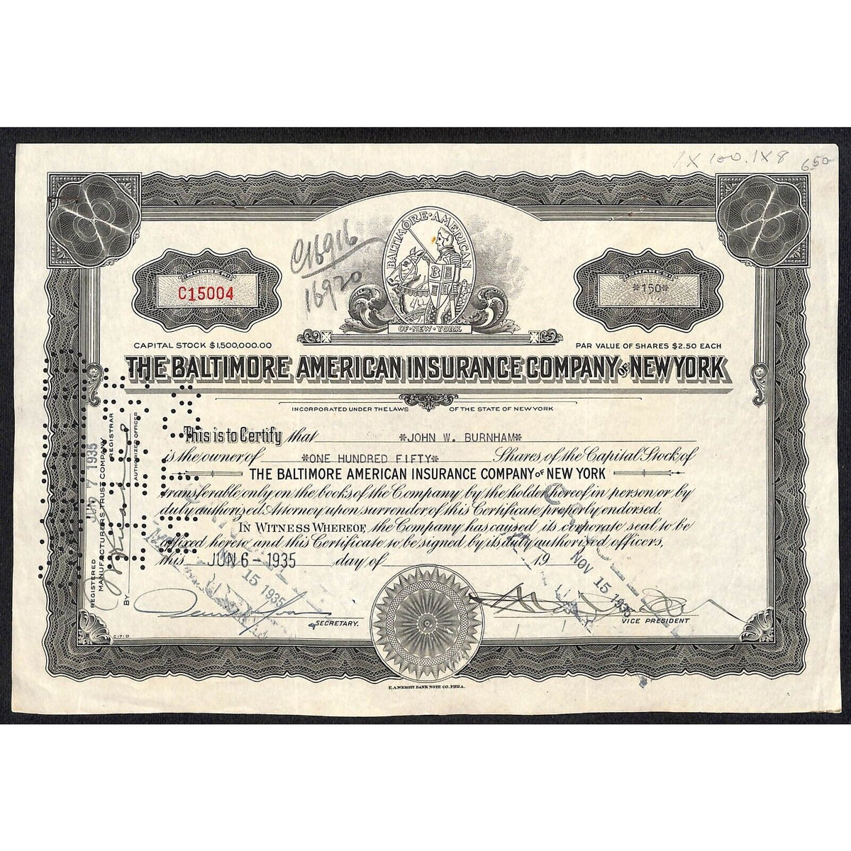 The Baltimore American Insurance Co of NY 1935 Stock Certificate John W. Burnhan