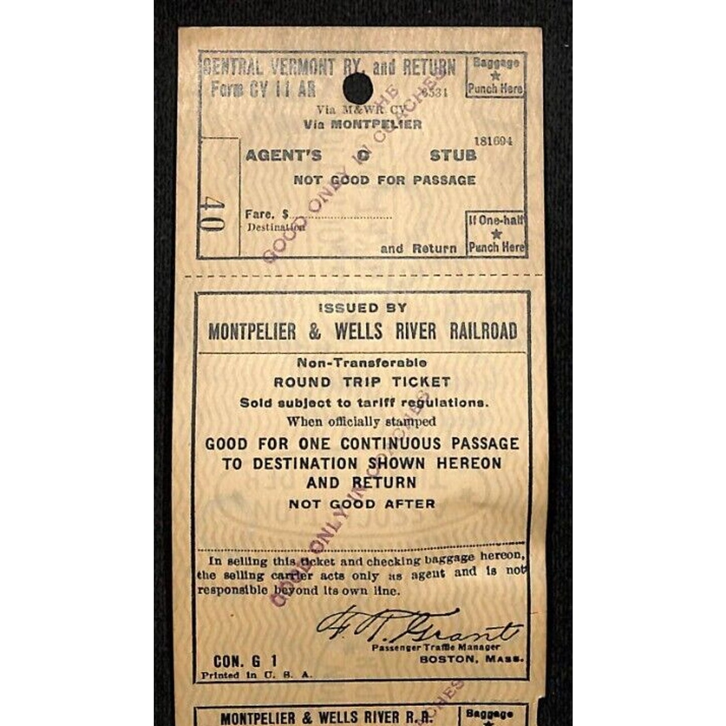 Montpelier and Wells River Railroad Unused Round Trip Ticket Scarce c1941 #40