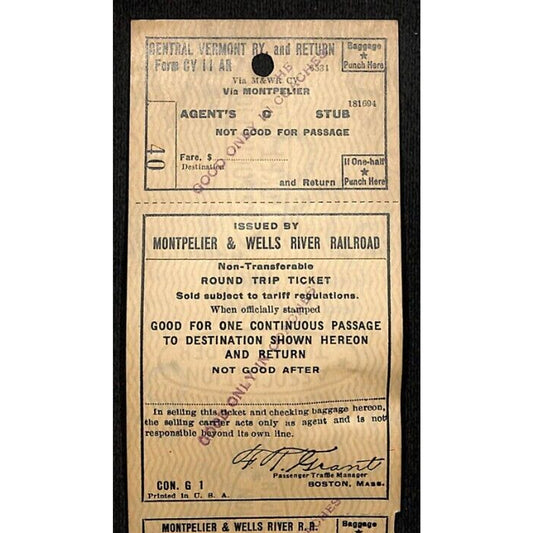 Montpelier and Wells River Railroad Unused Round Trip Ticket Scarce c1941 #40