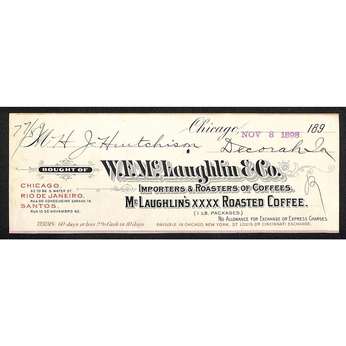 W.F. Mc. Laughlin & Co. Coffee Roasters Hutchinson Decorah IA* Cut 1898 Billhead