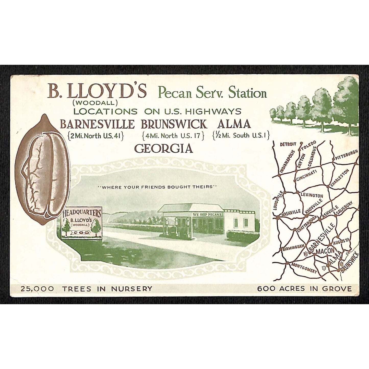 B. Lloyd's Pecan Service Stations B. Lloyd Woodall Georgia Map Postcard 1940's