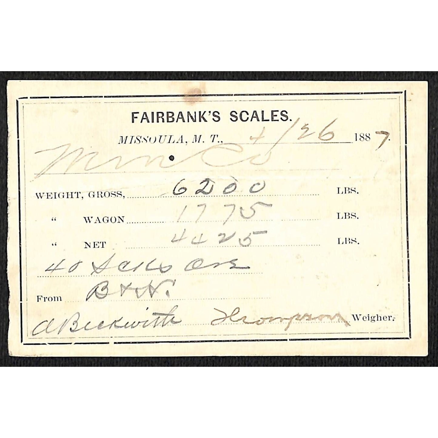 1887 Missoula Montana Territory Fairbank's Scales Mining Ore Weight Receipt (#4)