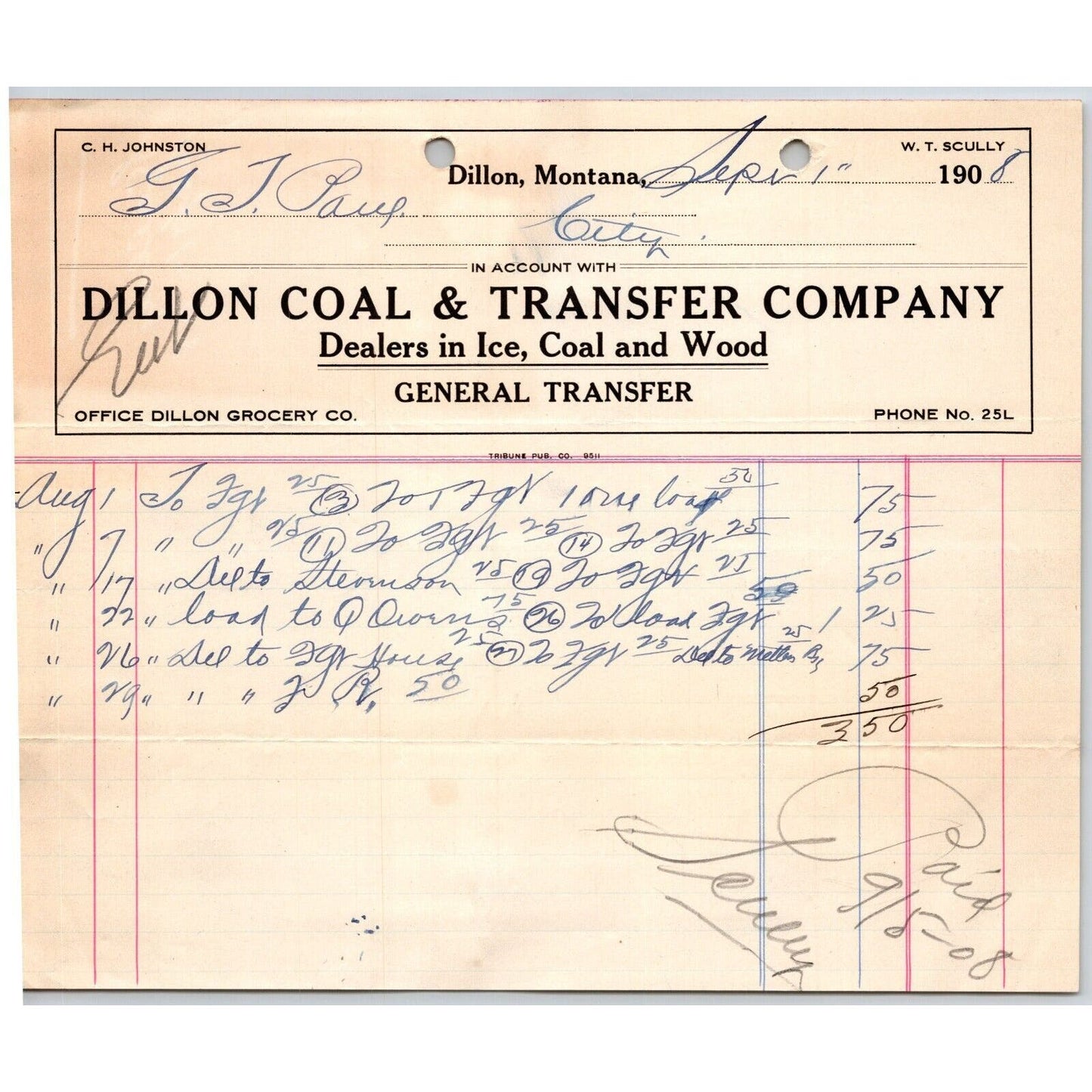 Dillon, MT Dillon Coal & Transfer Co Ice Wood Sept 1908 Billhead G.T. Paul*