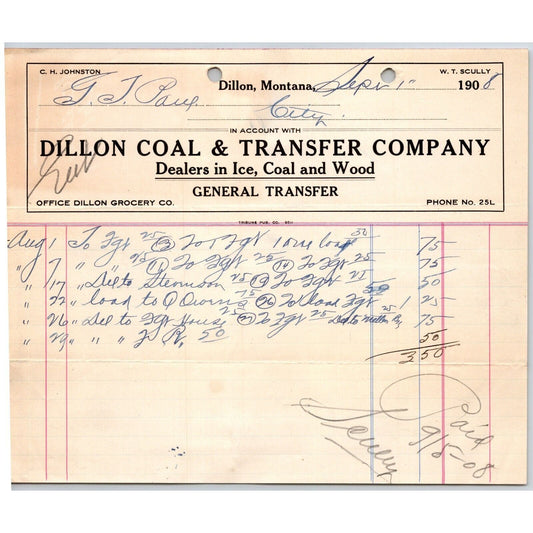 Dillon, MT Dillon Coal & Transfer Co Ice Wood Sept 1908 Billhead G.T. Paul*