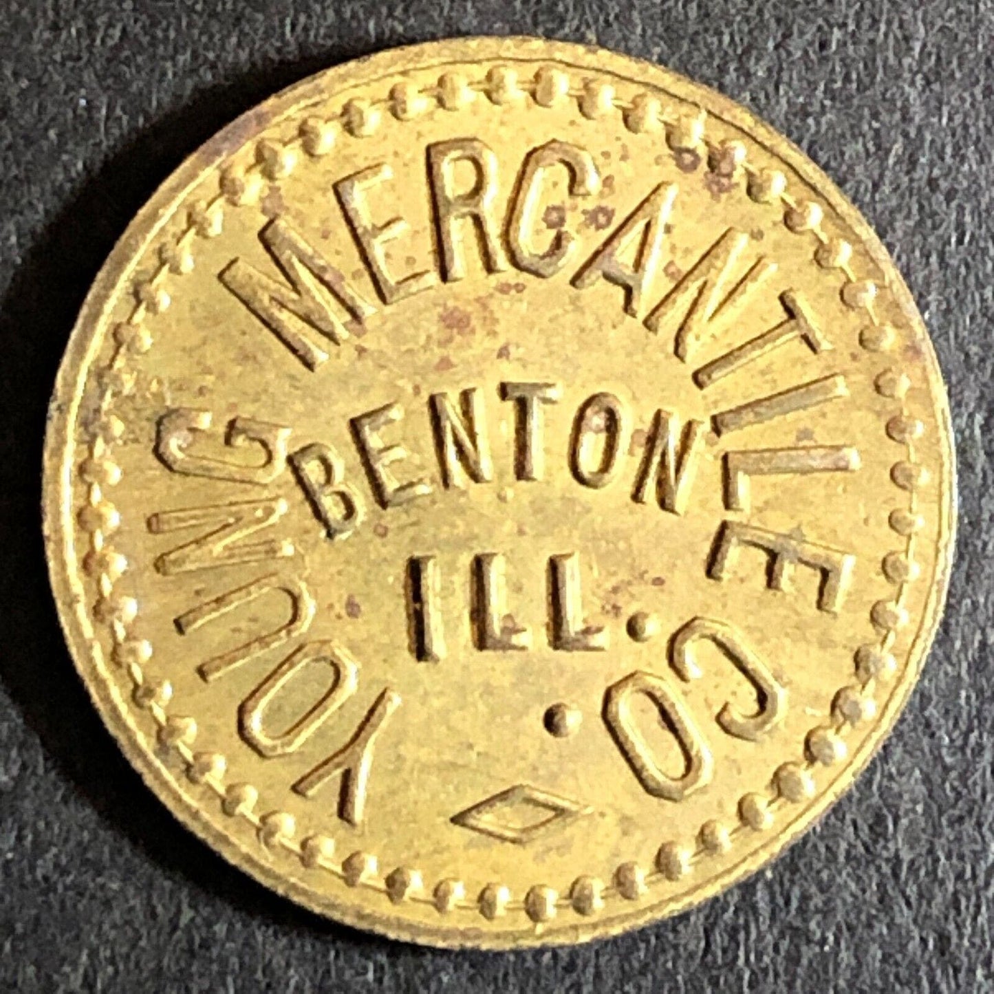 Young Mercantile Benton, IL Brass G/F 1c Trade Token 18mm Scarce c1923 VGC