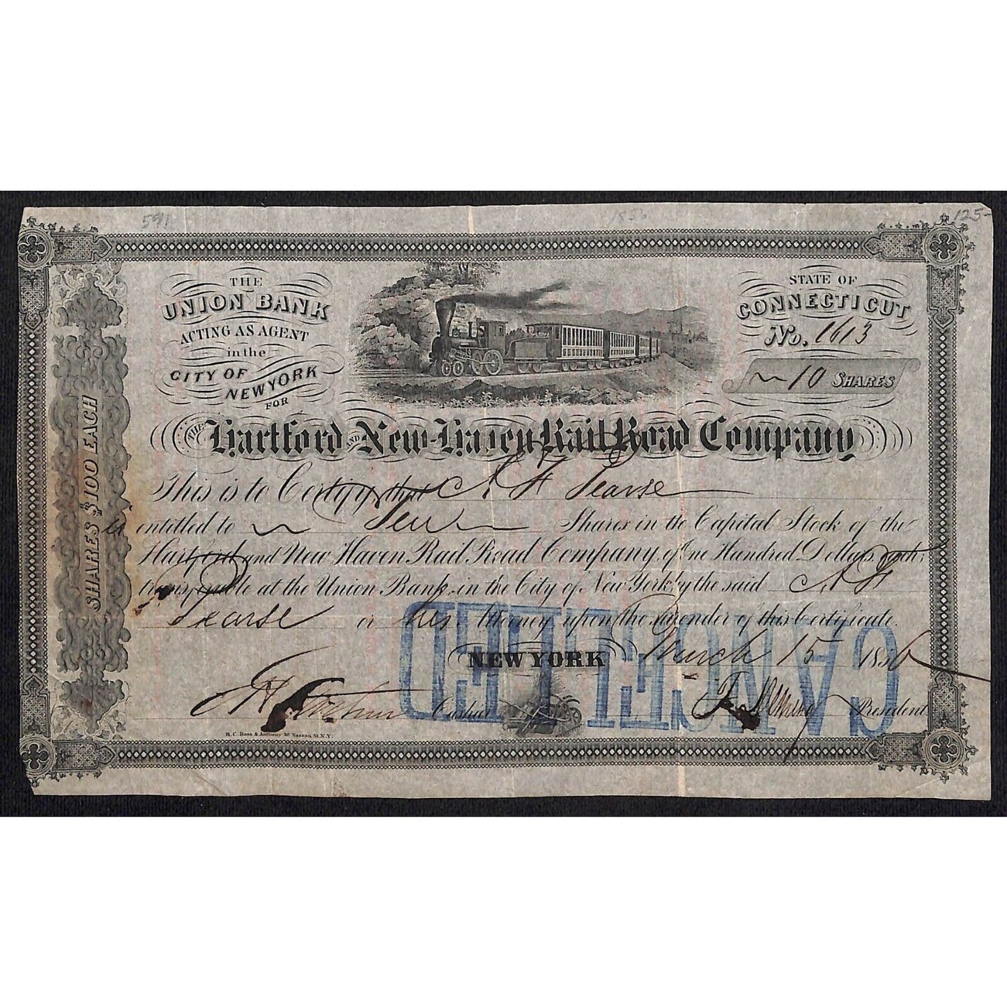 Hartford and New Haven Railroad 1856 1850 ? 185x Stock Certificate #1613