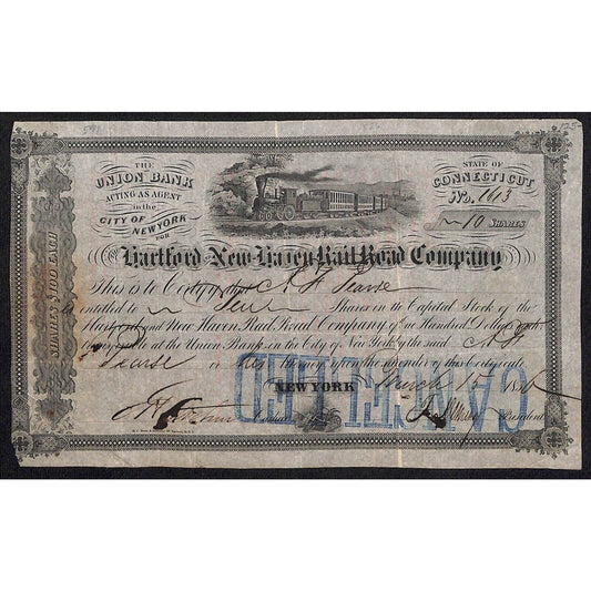 Hartford and New Haven Railroad 1856 1850 ? 185x Stock Certificate #1613