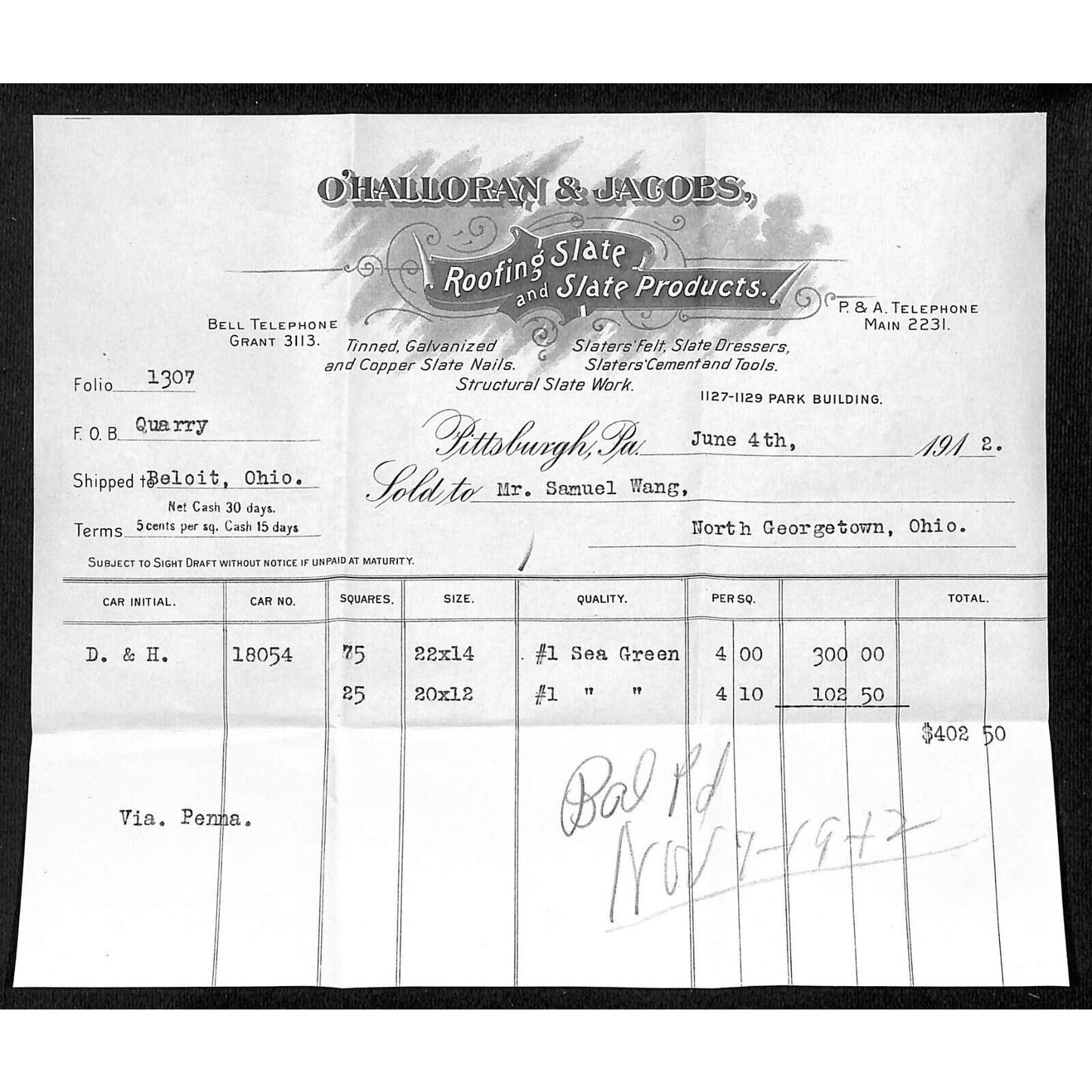 O'Halloran & Jacobs Pittsburgh 1912 Billhead Samuel Wang* N. Georgetown, OH