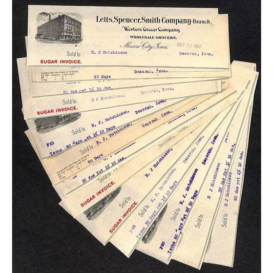 Letts, Spencer, Smith Co. Mason City IA Hutchinson* 13 pcs 1903 Cut Billheads