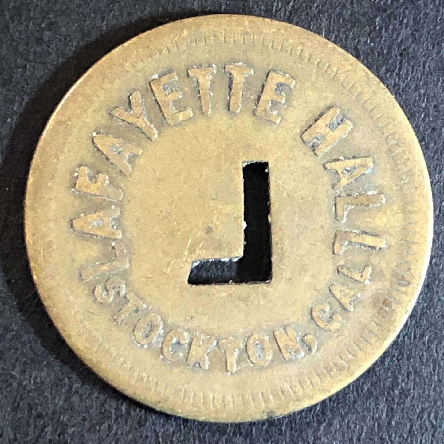 Lafayette Hall Stockton, CA Brass Trade Token w/ "L" Cutout 24mm - Scarce