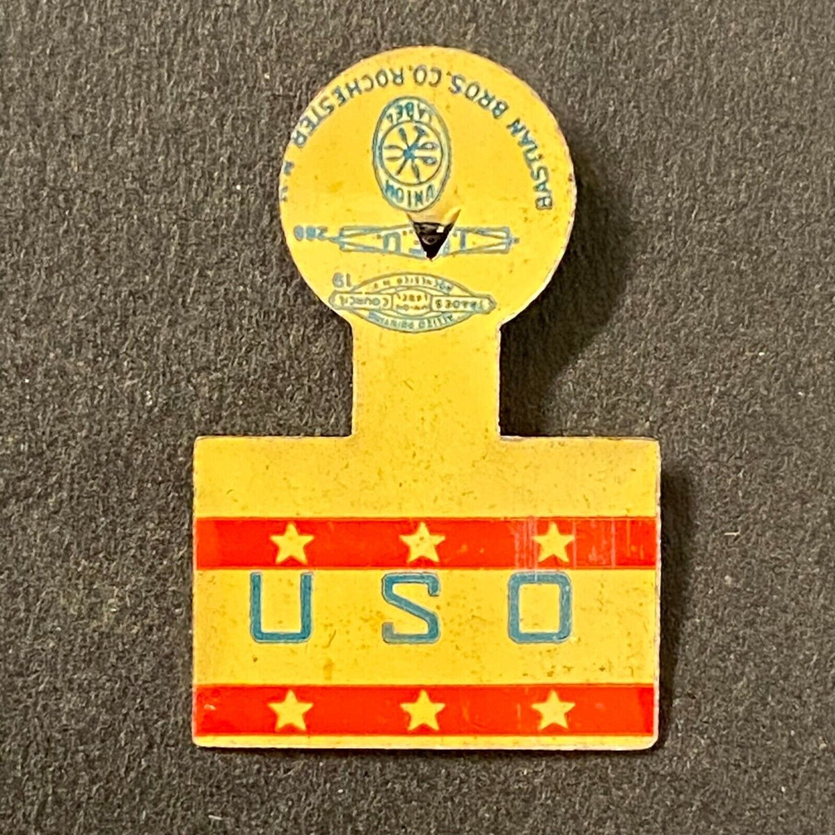 U.S.O. USO WWII Era Steel Fold Over Pin Small 3/8" x 5/8" Stars Stripes