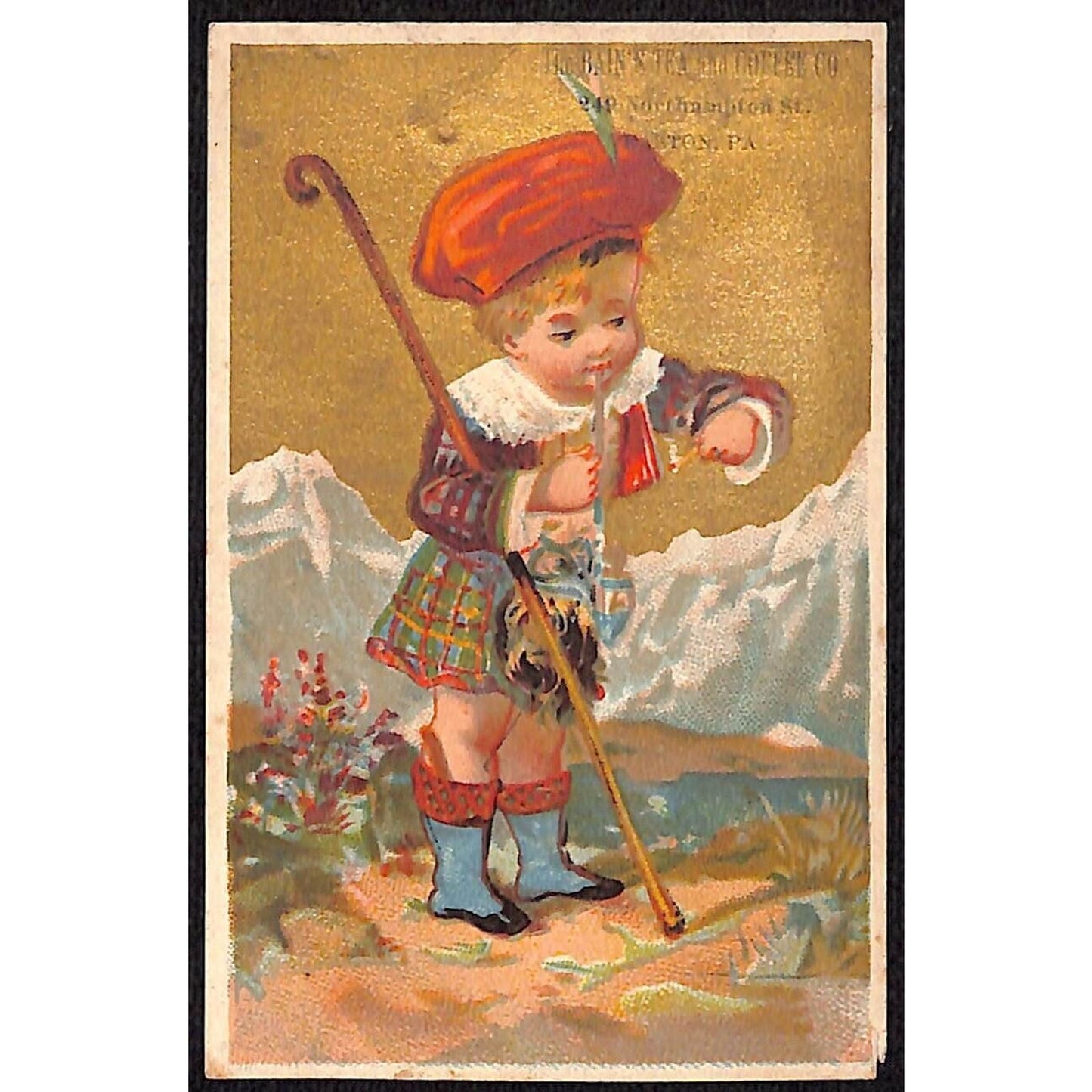 Easton, PA Bain's Tea and Coffee Co. Victorian Trade Card Boy Snowy Mountains