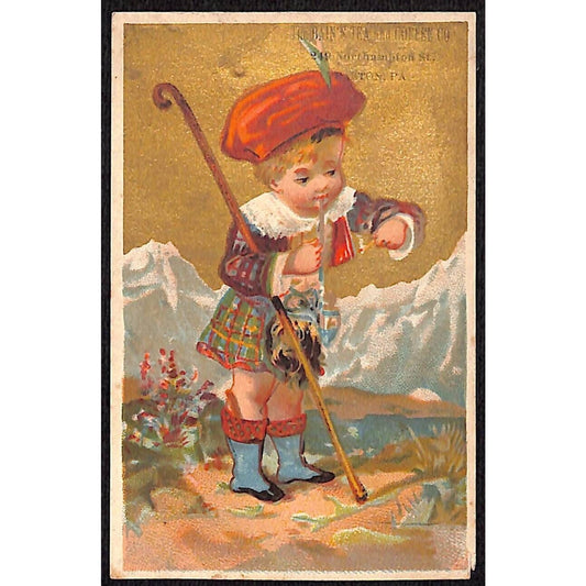 Easton, PA Bain's Tea and Coffee Co. Victorian Trade Card Boy Snowy Mountains