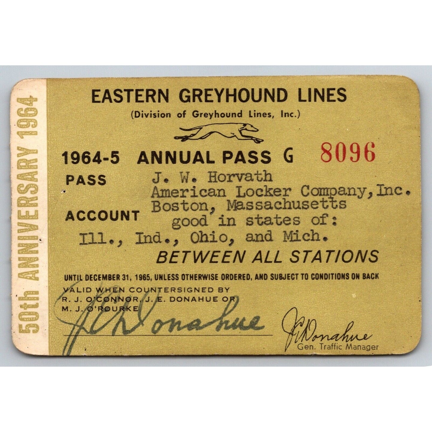 Eastern Greyhound Lines 1964-65 50th Anniversary Annual / Yearly Bus Pass #8096