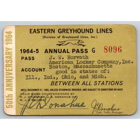 Eastern Greyhound Lines 1964-65 50th Anniversary Annual / Yearly Bus Pass #8096