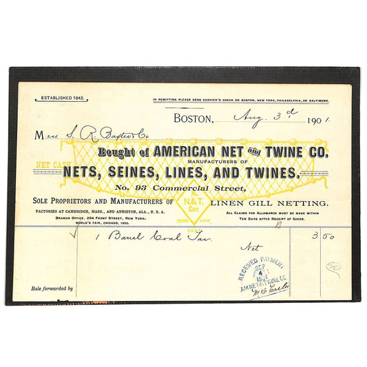 American Net and Twine Co. Boston 1901 Billhead (Nickerson & Baxter) Coal Tar