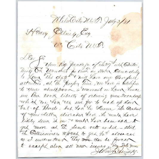 1881 ALS Julius Basinski* Miles City, MT to Henry Elling* "..Returing $2,000.."