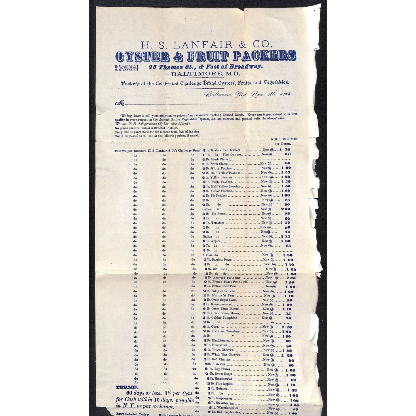 H.S. Lanfair & Co Baltimore Oyster & Fruit Packers 1886 Scarce Whsle Price Sheet