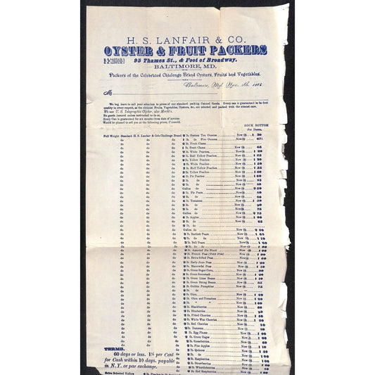 H.S. Lanfair & Co Baltimore Oyster & Fruit Packers 1886 Scarce Whsle Price Sheet
