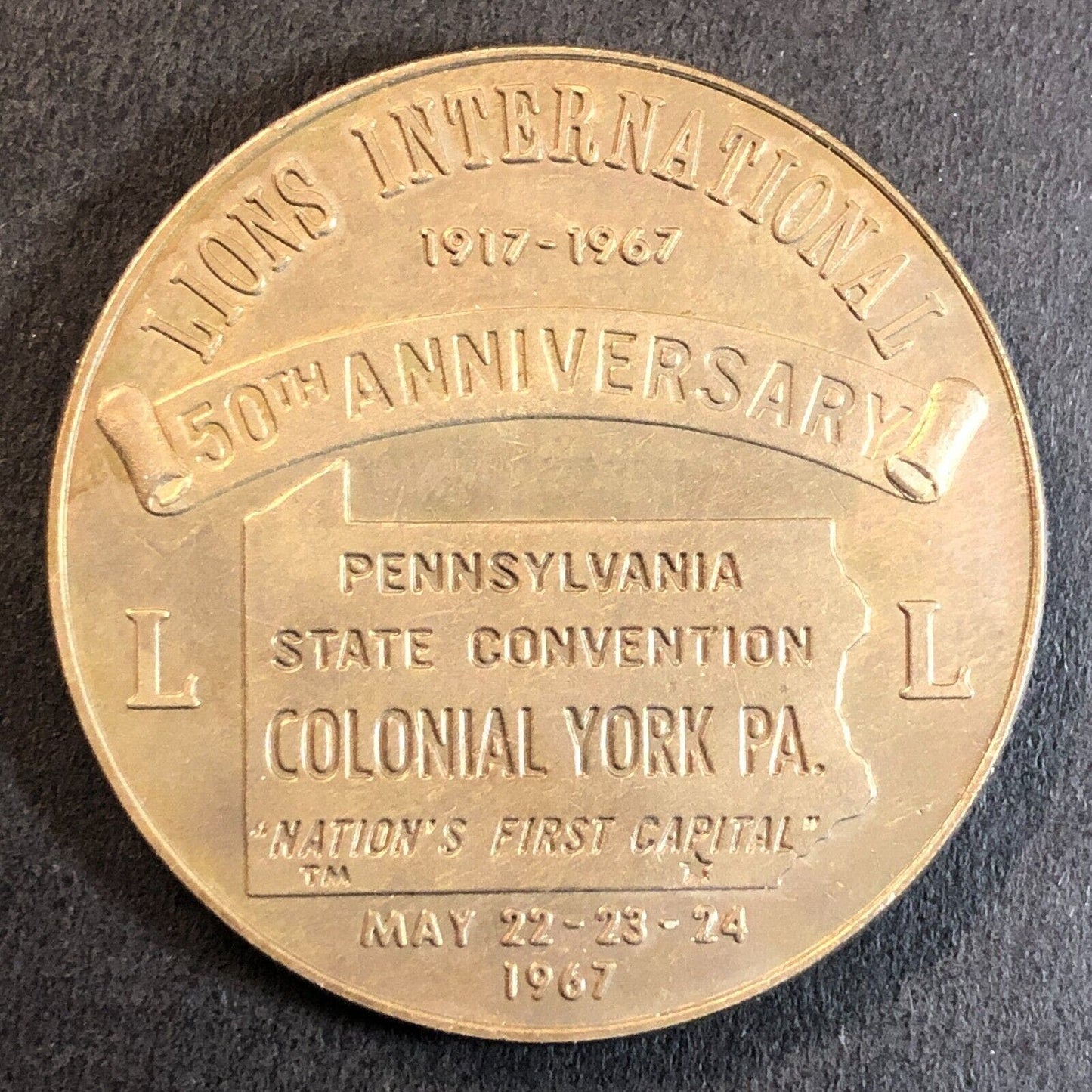 Lions International 50th Anniv. 1967 Colonial York, PA Medallion 39mm 25g