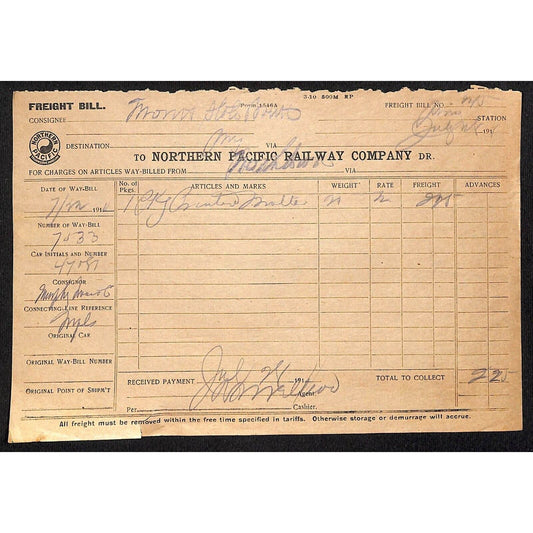 Northern Pacific Railway 1911 Freight Receipt for Printer's Matte? Pony, MT