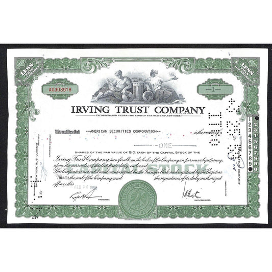 Irving Trust Company NY 1959 Stock Certificate American Securities Corporation