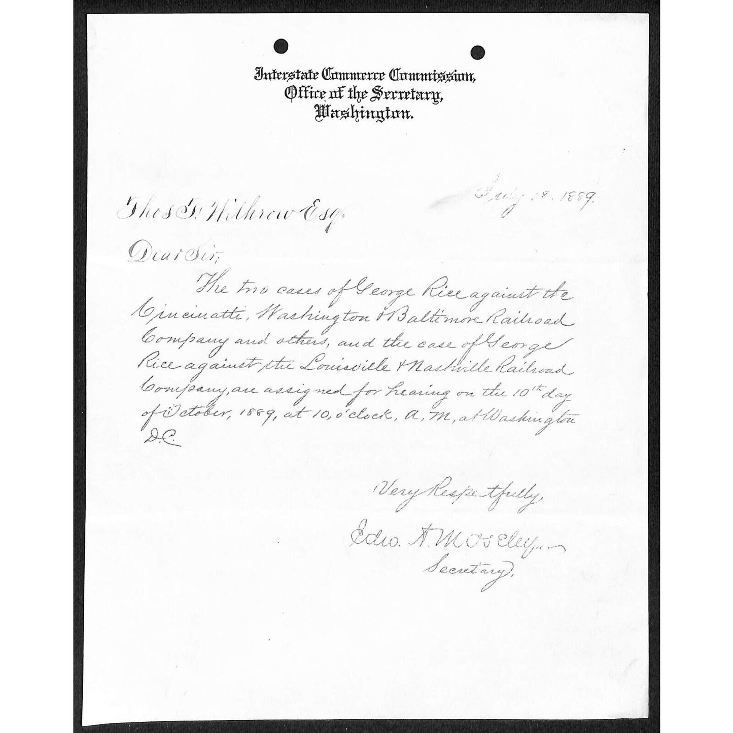 Interstate Commerce 1889 ALS Letterhead re: George Rice vs LN Railroad Case